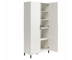 a tall white cabinet with shelves on wheels