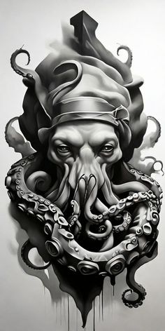 an octopus with a pirate hat on it's head and tentacles around its neck