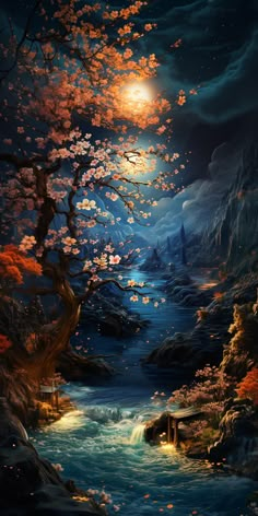 a painting of a river and trees with the moon in the sky above it at night