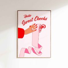 a woman's hand holding onto a pink poster with the words hello sweet checks on it