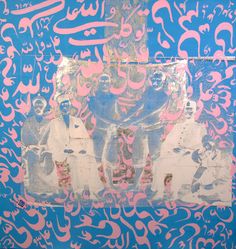 an art work with pink and blue colors on the bottom, two men sitting in front of each other