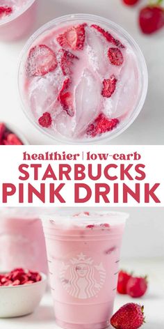 starbucks pink drink with strawberries and ice in it