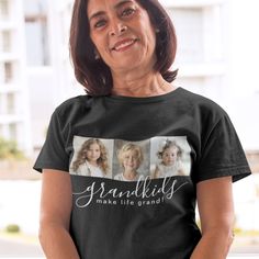 a woman wearing a t - shirt that says grandkily make life grand