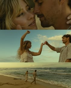 two pictures one is showing a man and the other shows a woman dancing on the beach