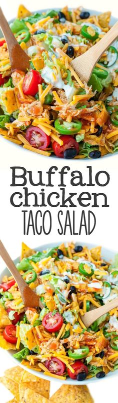 this buffalo chicken taco salad is loaded with vegetables, cheese and black olives