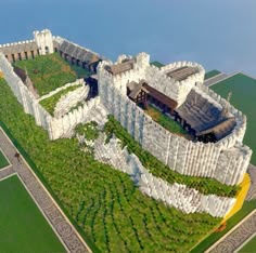 an artist's rendering of a medieval castle in the middle of a green field