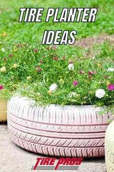 two tires sitting next to each other on the ground with flowers growing out of them