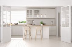 two stools are in front of the kitchen counter