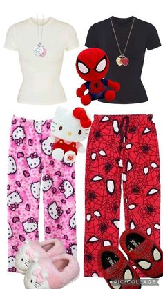 Bsf Matching Outfits, Matching Outfits For Besties, Spiderman Pyjamas, Hello Kitty And Spiderman, Relatable Photos, Hello Kitty Pajamas, Bff Matching Outfits, Bff Matching