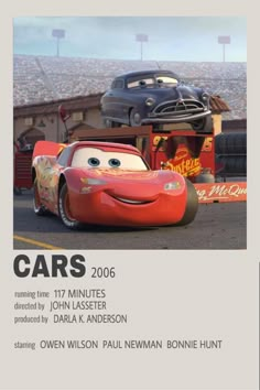 the poster for cars is shown in front of a stadium with cars on it's back