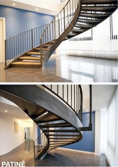 two pictures of a spiral staircase in an empty room with blue walls and tile flooring