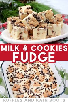 two pictures with the words milk and cookies fudge on them