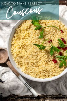 Couscous in a white bowl with some parsley and pomegranate seeds. Simple Couscous Recipes, Mediterranean Salads, Making Couscous, Portion Size, Boiled Water, Roasted Chicken Breast, Veggie Delight, Side Dish Recipes Easy, Fish Dinner