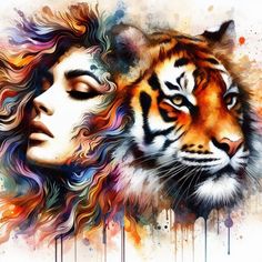 a woman with long hair and a tiger's face painted in watercolors