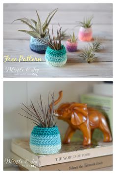 crocheted air plants in small pots on top of a book and an elephant planter