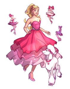 a drawing of a woman in a pink dress with poodles