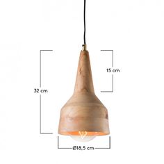 a wooden light hanging from the ceiling with measurements