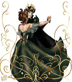 a woman in a green dress with a crown on her head is hugging another woman