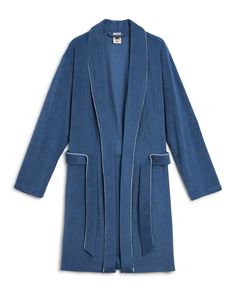 A Dandy Del Mar's The Tropez Terry Cloth Robe - Annapolis in blue with white piping detail Swimwear For Men, Terry Cloth Robe, Dandy Style, Knit Pants, Mens Swimwear, Terry Cloth, Swimwear Accessories, Dandy, Above The Knee