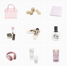 the contents of a pink purse, shoes, and other items are arranged on a white background