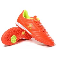 an orange soccer shoe with yellow accents on the soles and bottom part of it