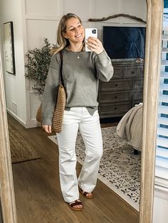 Check out what I found on Amazon! #ShopByInterest Outfit Wide Leg, Pocket Sweater, Found On Amazon, Split Hem, Top Pick, White Denim, Spring Outfit, Slide Sandals, Straw Bag