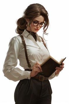 a woman in glasses is holding a book and looking at the camera while standing against a white background