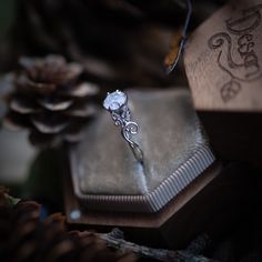 an engagement ring sitting on top of a wooden box next to pine cones and other decorations