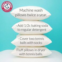 four pillows stacked on top of each other with instructions for how to wash them and how to use them