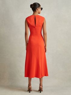 Ruched Midi Dress in Orange - REISS Sleeveless Midi Dress, Dress Orange, Mid Length Dresses, Midi Dress Sleeveless