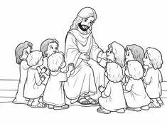 jesus sitting on the cross surrounded by little children coloring page for adults and kids to color