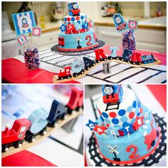 a birthday cake with thomas the tank engine on top and train decorations in blue, red and white