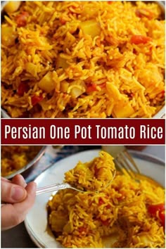 two pictures showing different types of rice and one is being spooned out to eat