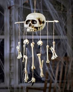 a skeleton hanging from a rope with bones and bones attached to it's sides