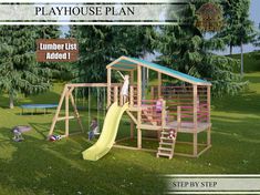 a play house with a slide and swings