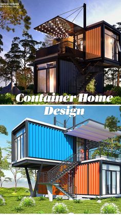 two pictures with different types of shipping containers on the front and back of each container