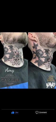 a man with tattoos on his neck and neck is shown in three different angles, including the