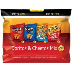 three bags of doritos and cheetos mix are shown in this image