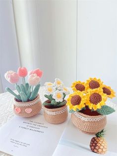 three crocheted pots with flowers and pineapples on a table next to an open book