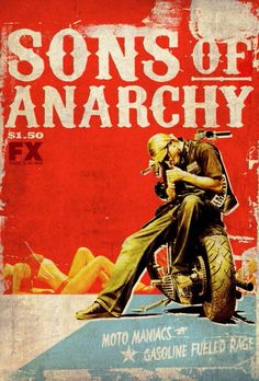 an advertisement for sons of anarchy with a man on a motorcycle