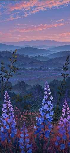 a painting of purple and blue flowers in the foreground with mountains in the background