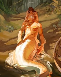 a painting of a mermaid and a man in the woods