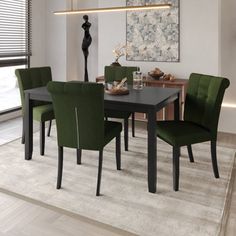 a dining room table with green chairs around it