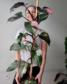 a woman standing next to a potted plant with pink and green leaves on it