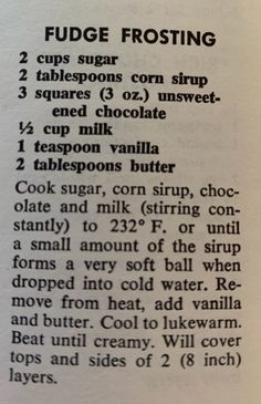 the recipe for fudge frosting is shown in an open book