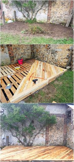 two pictures showing different stages of building a deck