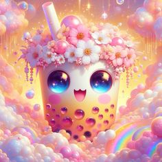 a cup with flowers and bubbles in the air, surrounded by rainbow colored clouds as if it were an ice cream shop