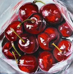 a painting of cherries in a glass bowl