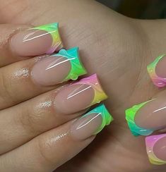 Neon Acrylic Nails, Green Acrylic Nails, Airbrush Nails, French Tip Acrylic Nails