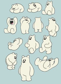 an image of polar bears with different expressions on the face and body, all in white